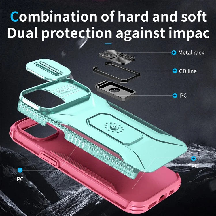 For iPhone 15 Case Camshield Kickstand TPU+PC Anti-Slip Phone Cover