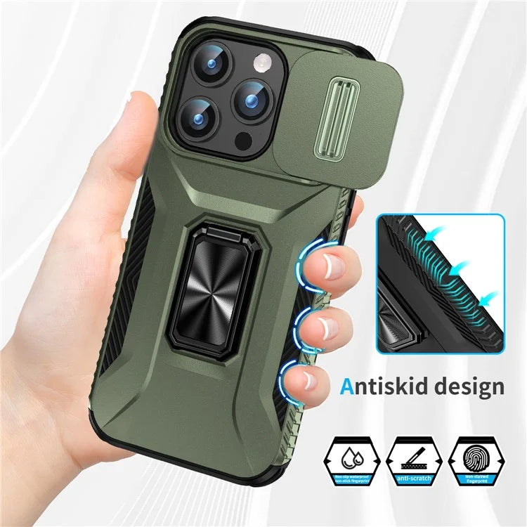 For iPhone 15 Pro Case Camshield Kickstand TPU+PC Anti-Slip Phone Cover
