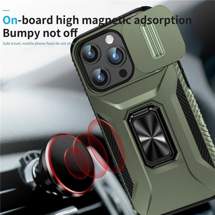 For iPhone 15 Pro Case Camshield Kickstand TPU+PC Anti-Slip Phone Cover