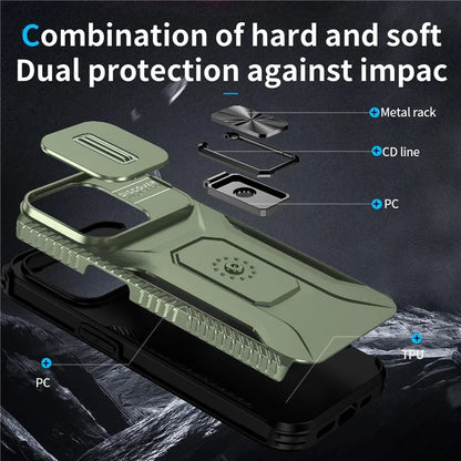 For iPhone 15 Pro Case Camshield Kickstand TPU+PC Anti-Slip Phone Cover