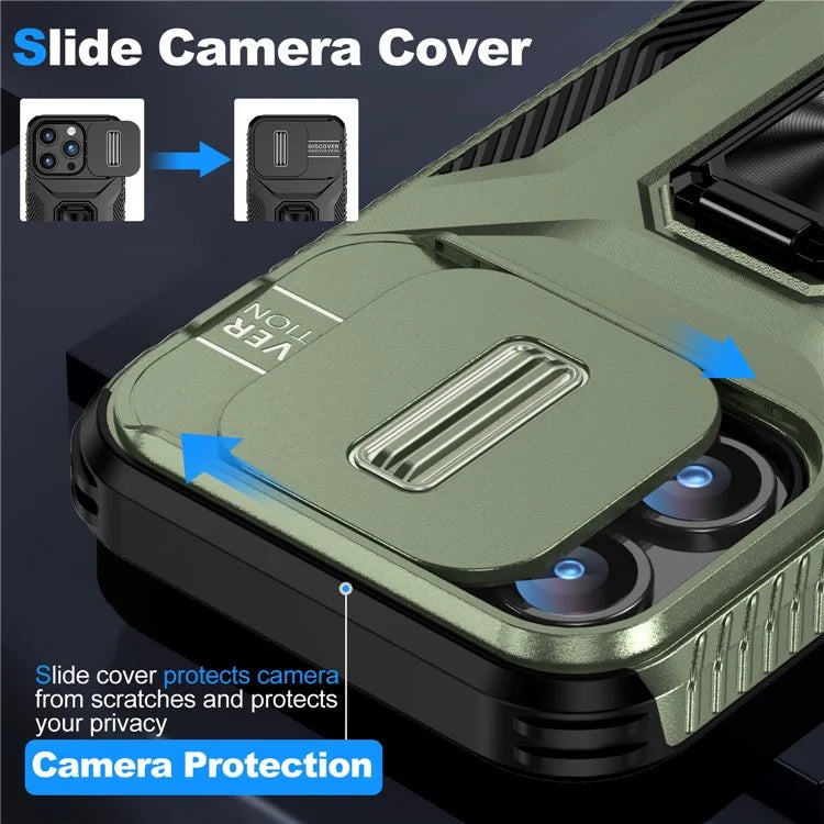 For iPhone 15 Pro Case Camshield Kickstand TPU+PC Anti-Slip Phone Cover
