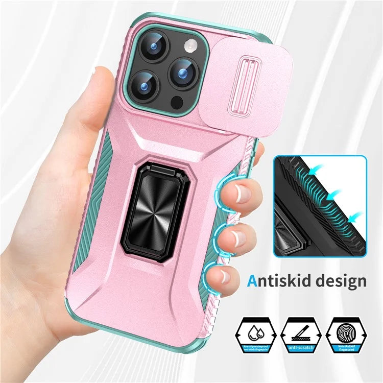 For iPhone 15 Pro Case Camshield Kickstand TPU+PC Anti-Slip Phone Cover