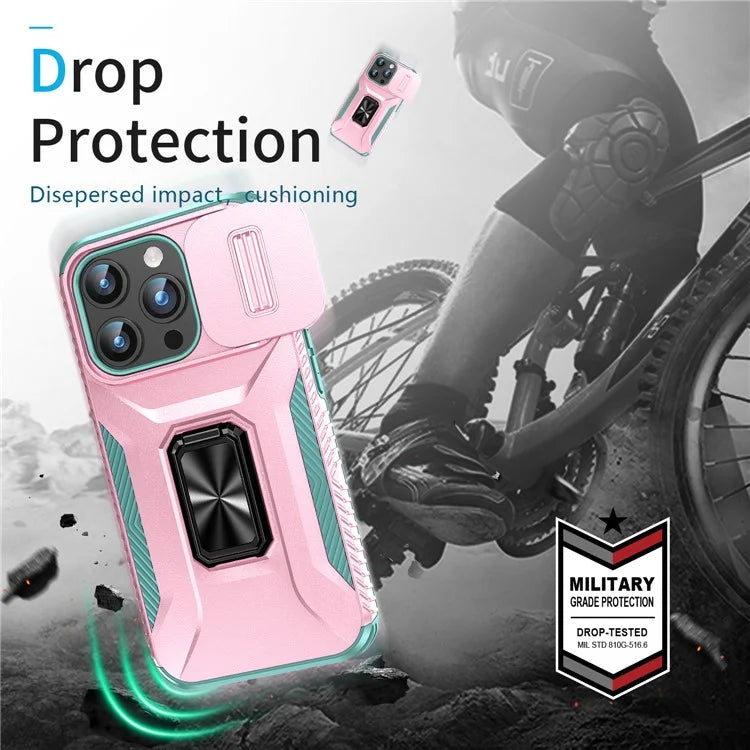 For iPhone 15 Pro Case Camshield Kickstand TPU+PC Anti-Slip Phone Cover