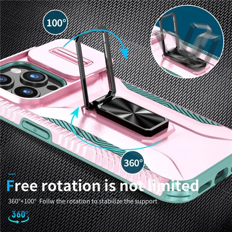 For iPhone 15 Pro Case Camshield Kickstand TPU+PC Anti-Slip Phone Cover