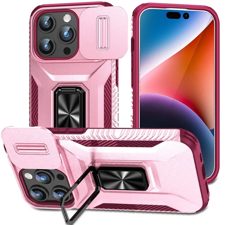 For iPhone 15 Pro Case Camshield Kickstand TPU+PC Anti-Slip Phone Cover