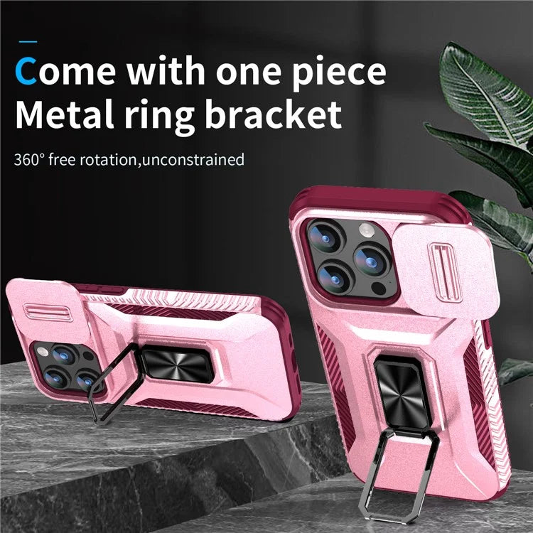 For iPhone 15 Pro Case Camshield Kickstand TPU+PC Anti-Slip Phone Cover