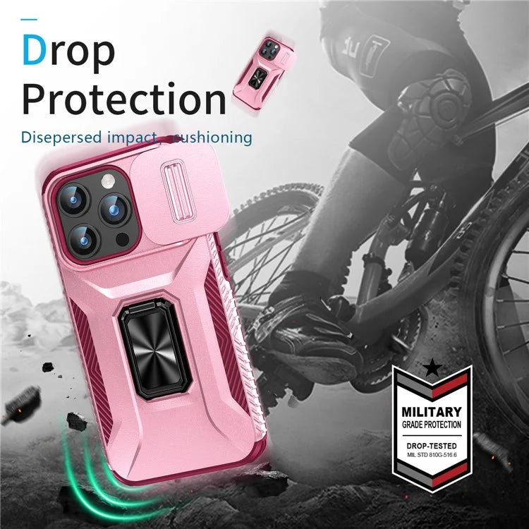 For iPhone 15 Pro Case Camshield Kickstand TPU+PC Anti-Slip Phone Cover