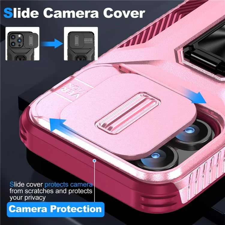 For iPhone 15 Pro Case Camshield Kickstand TPU+PC Anti-Slip Phone Cover