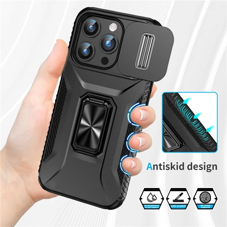 For iPhone 15 Pro Case Camshield Kickstand TPU+PC Anti-Slip Phone Cover