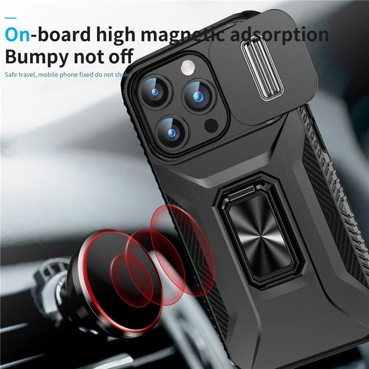 For iPhone 15 Pro Case Camshield Kickstand TPU+PC Anti-Slip Phone Cover