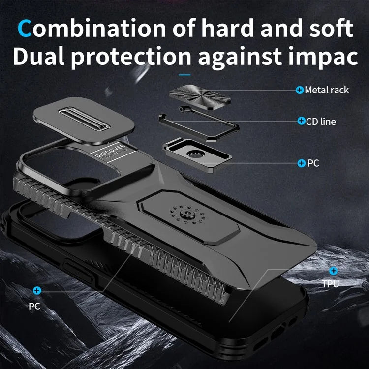 For iPhone 15 Pro Case Camshield Kickstand TPU+PC Anti-Slip Phone Cover