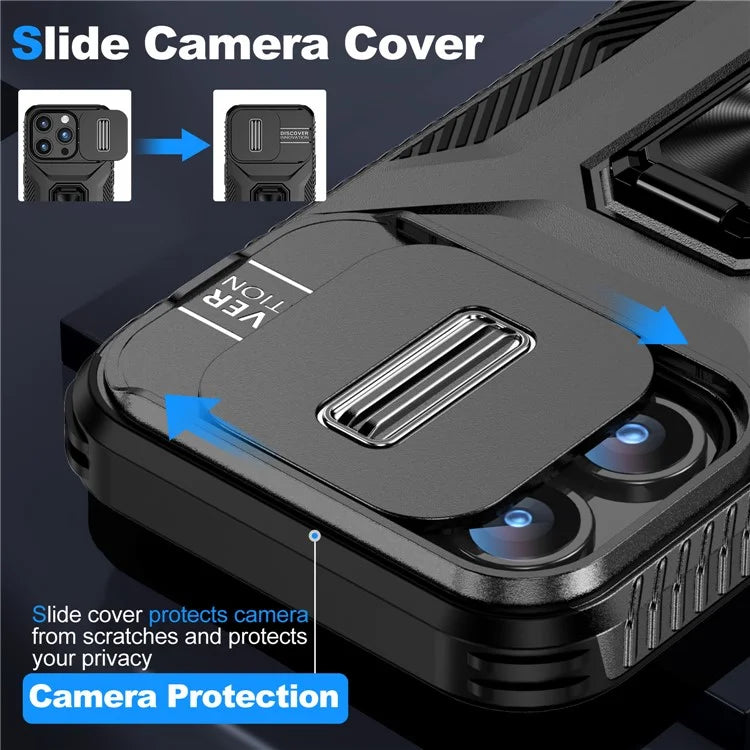 For iPhone 15 Pro Case Camshield Kickstand TPU+PC Anti-Slip Phone Cover