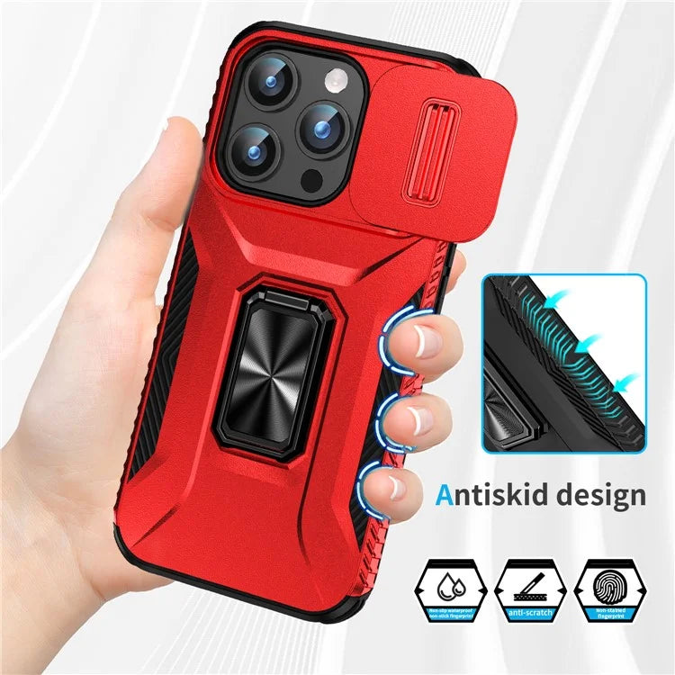 For iPhone 15 Pro Case Camshield Kickstand TPU+PC Anti-Slip Phone Cover