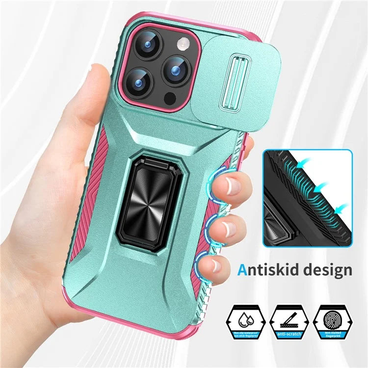 For iPhone 15 Pro Case Camshield Kickstand TPU+PC Anti-Slip Phone Cover