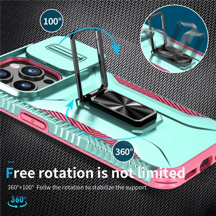For iPhone 15 Pro Case Camshield Kickstand TPU+PC Anti-Slip Phone Cover