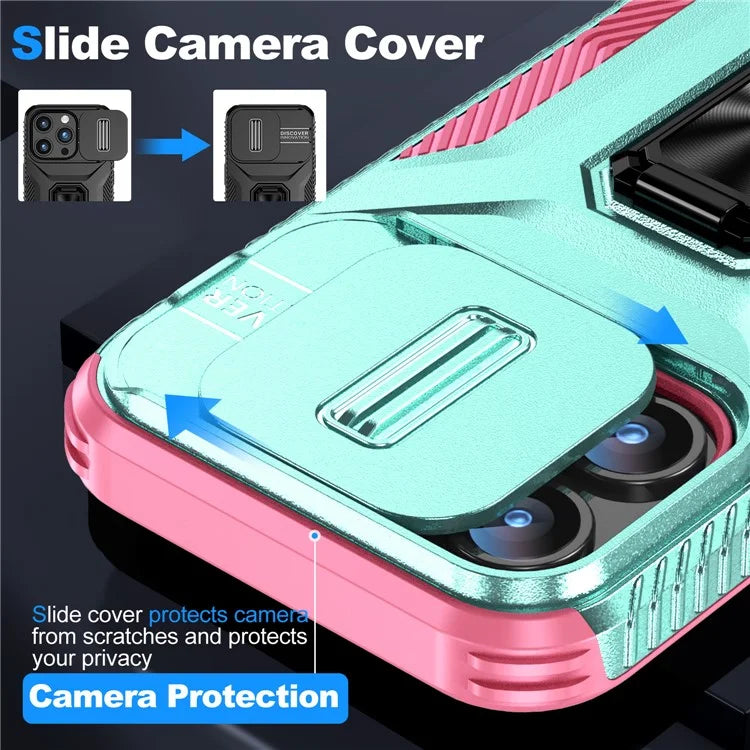 For iPhone 15 Pro Case Camshield Kickstand TPU+PC Anti-Slip Phone Cover