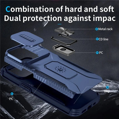 For iPhone 15 Pro Case Camshield Kickstand TPU+PC Anti-Slip Phone Cover