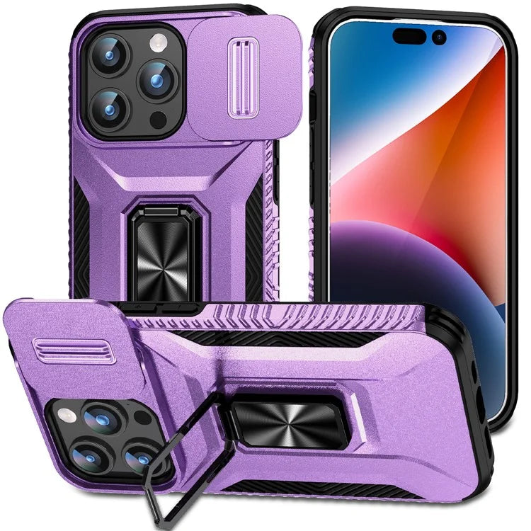 For iPhone 15 Pro Case Camshield Kickstand TPU+PC Anti-Slip Phone Cover