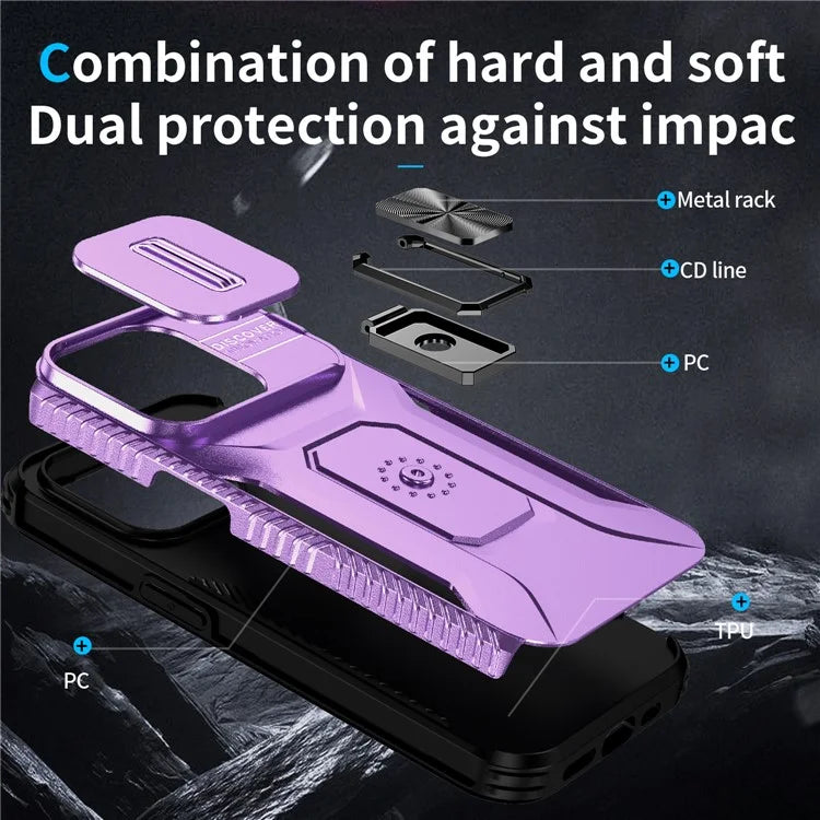 For iPhone 15 Pro Case Camshield Kickstand TPU+PC Anti-Slip Phone Cover