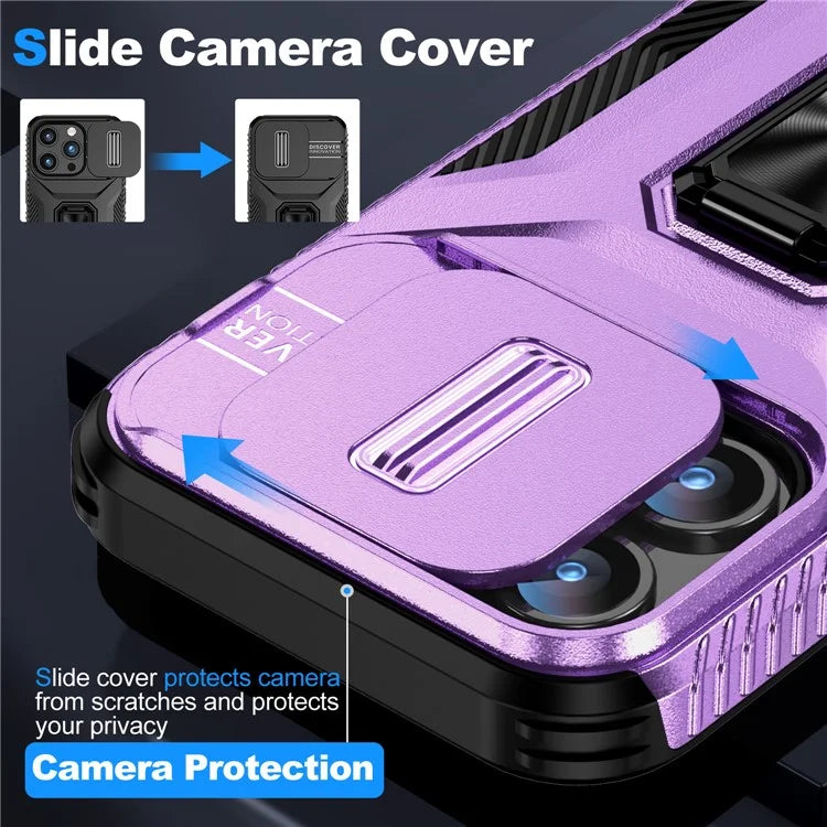 For iPhone 15 Pro Case Camshield Kickstand TPU+PC Anti-Slip Phone Cover
