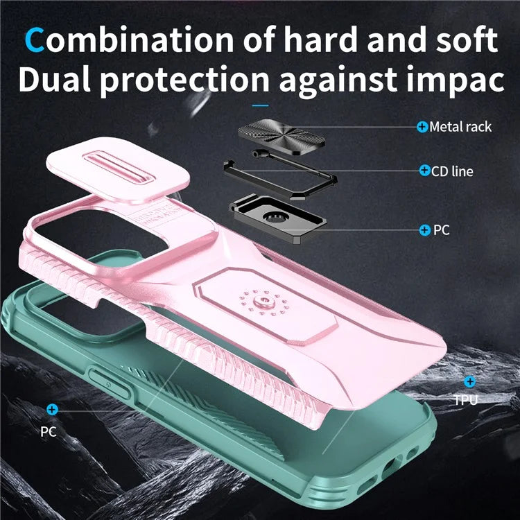 For iPhone 15 Pro Max Case Camshield Kickstand TPU+PC Anti-Slip Phone Cover