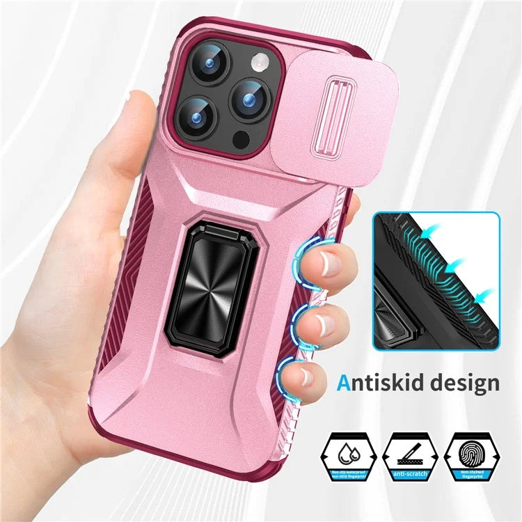 For iPhone 15 Pro Max Case Camshield Kickstand TPU+PC Anti-Slip Phone Cover
