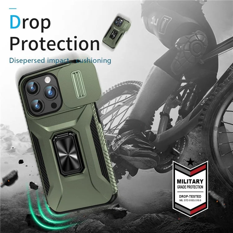 For iPhone 15 Pro Max Case Camshield Kickstand TPU+PC Anti-Slip Phone Cover
