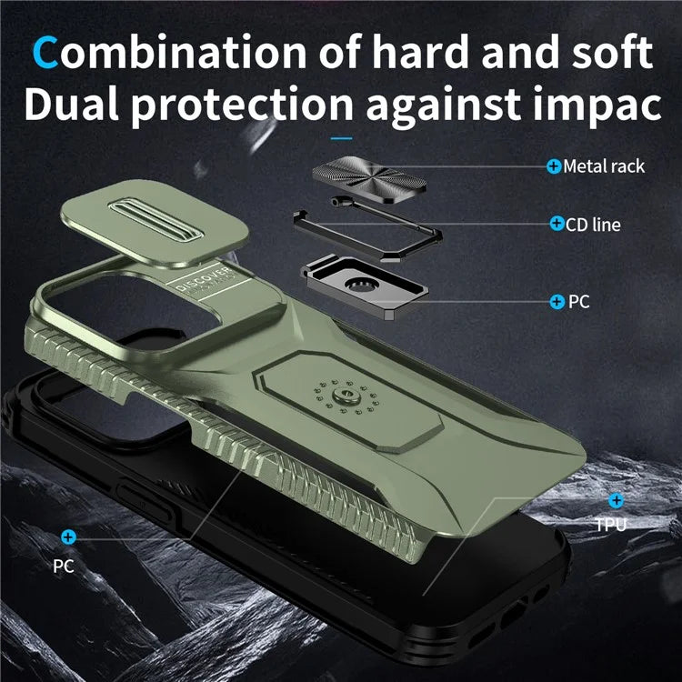For iPhone 15 Pro Max Case Camshield Kickstand TPU+PC Anti-Slip Phone Cover