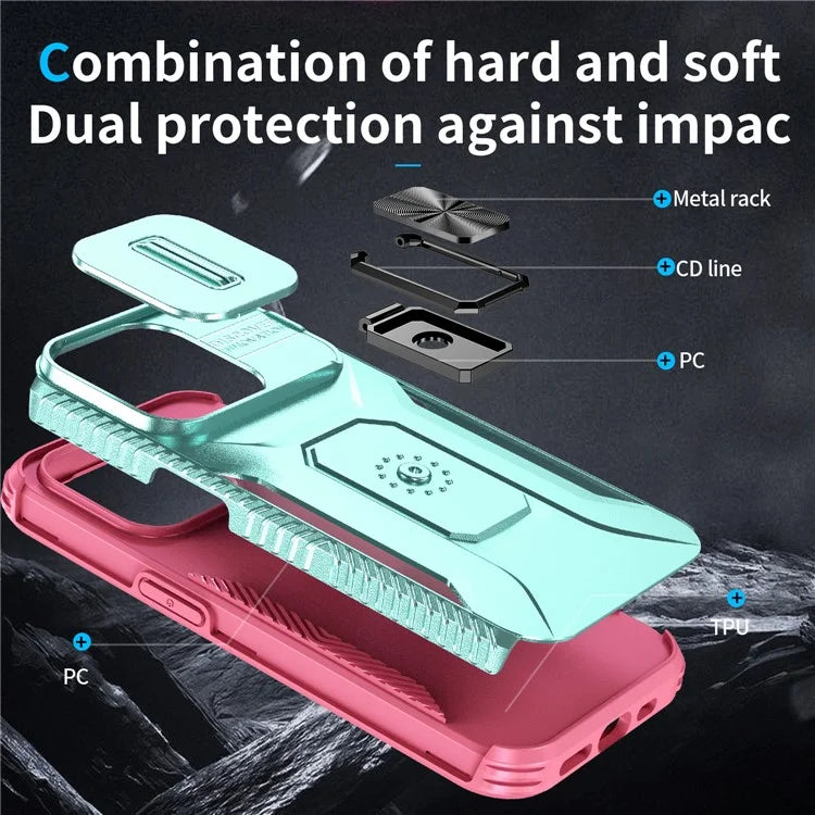For iPhone 15 Pro Max Case Camshield Kickstand TPU+PC Anti-Slip Phone Cover