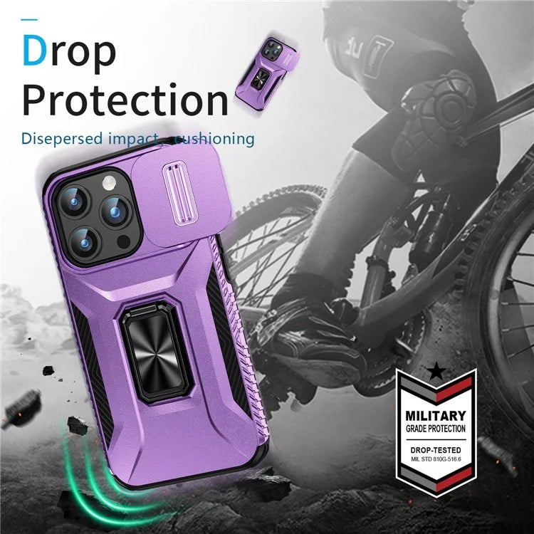 For iPhone 15 Pro Max Case Camshield Kickstand TPU+PC Anti-Slip Phone Cover