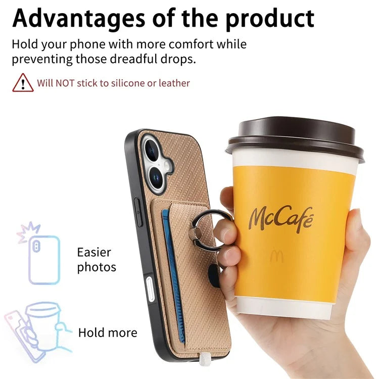 For iPhone 16 Plus Case Ring Kickstand Leather Back Cover with Magnetic Detachable Card Holder