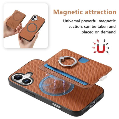 For iPhone 16 Plus Case Ring Kickstand Leather Back Cover with Magnetic Detachable Card Holder