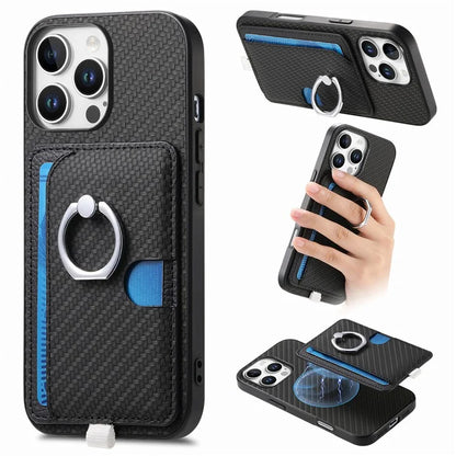 For iPhone 16 Pro Case Ring Kickstand Leather Back Cover with Magnetic Detachable Card Holder