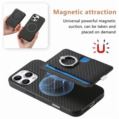 For iPhone 16 Pro Case Ring Kickstand Leather Back Cover with Magnetic Detachable Card Holder