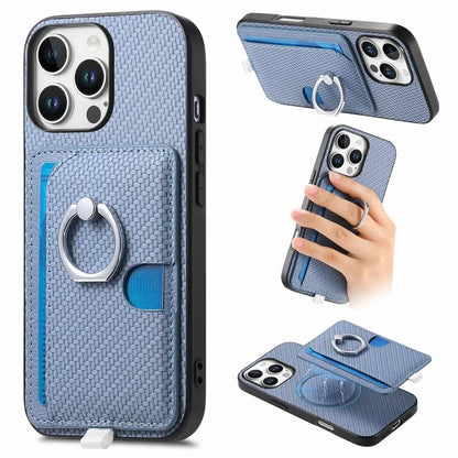 For iPhone 16 Pro Case Ring Kickstand Leather Back Cover with Magnetic Detachable Card Holder