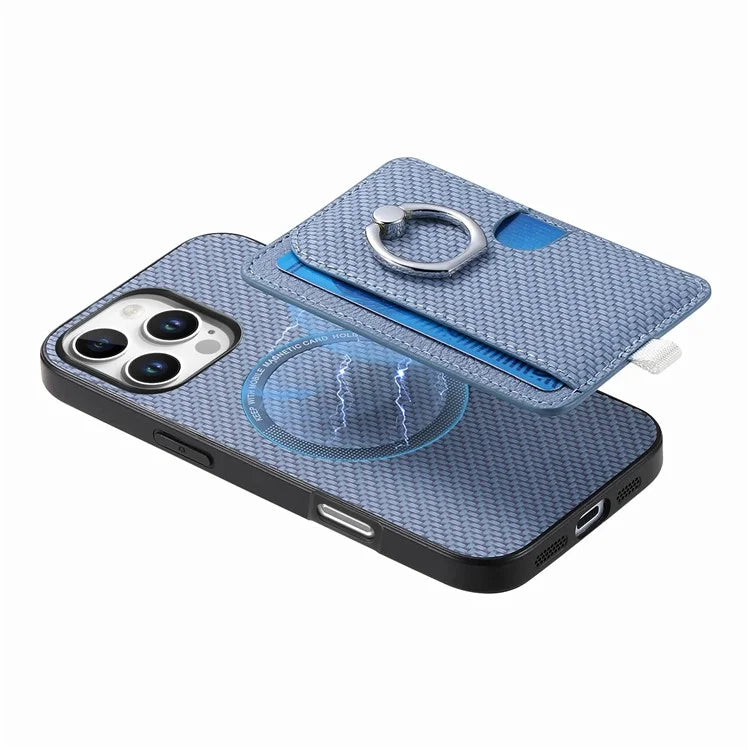 For iPhone 16 Pro Case Ring Kickstand Leather Back Cover with Magnetic Detachable Card Holder
