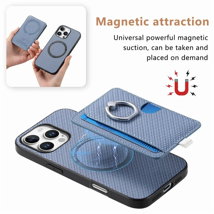 For iPhone 16 Pro Case Ring Kickstand Leather Back Cover with Magnetic Detachable Card Holder