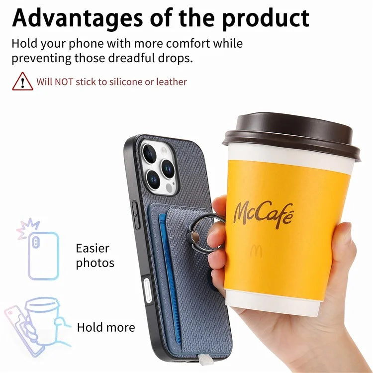 For iPhone 16 Pro Case Ring Kickstand Leather Back Cover with Magnetic Detachable Card Holder