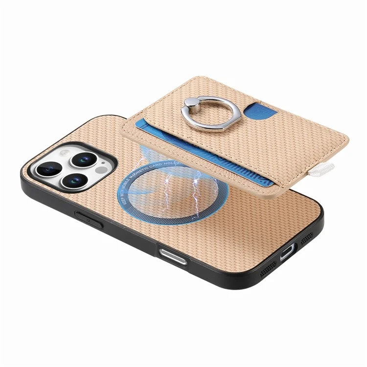 For iPhone 16 Pro Case Ring Kickstand Leather Back Cover with Magnetic Detachable Card Holder