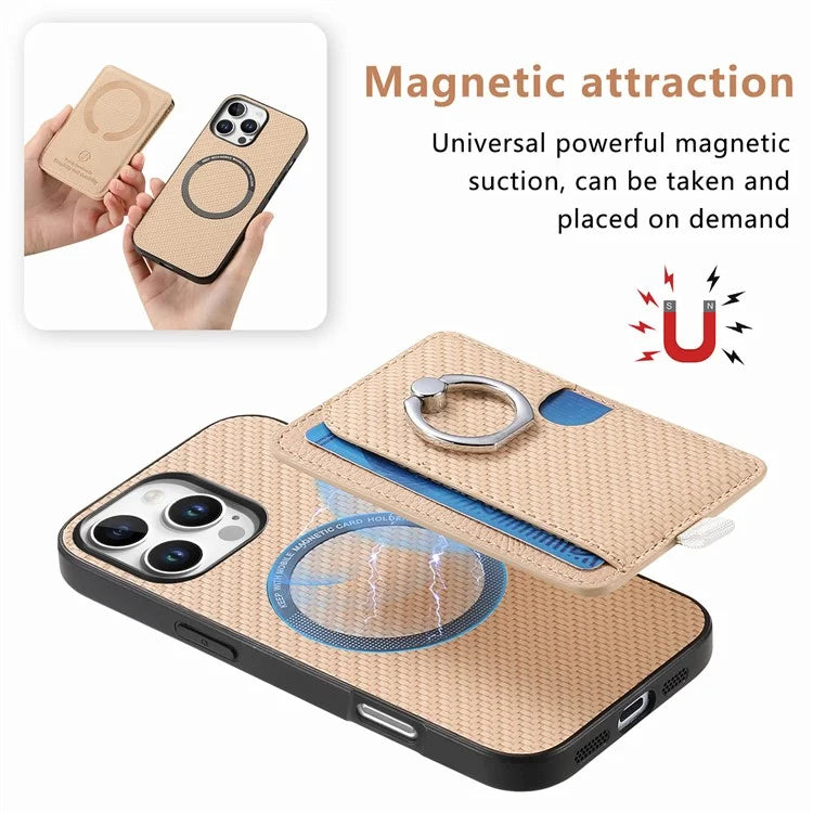 For iPhone 16 Pro Case Ring Kickstand Leather Back Cover with Magnetic Detachable Card Holder