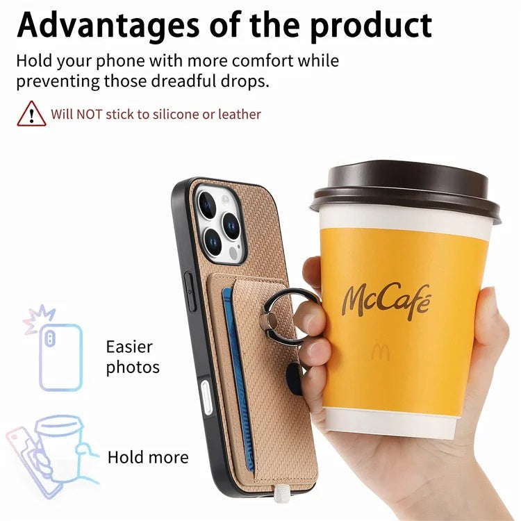 For iPhone 16 Pro Case Ring Kickstand Leather Back Cover with Magnetic Detachable Card Holder