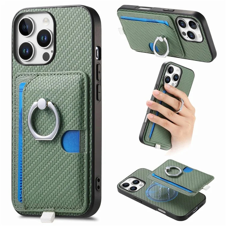 For iPhone 16 Pro Case Ring Kickstand Leather Back Cover with Magnetic Detachable Card Holder
