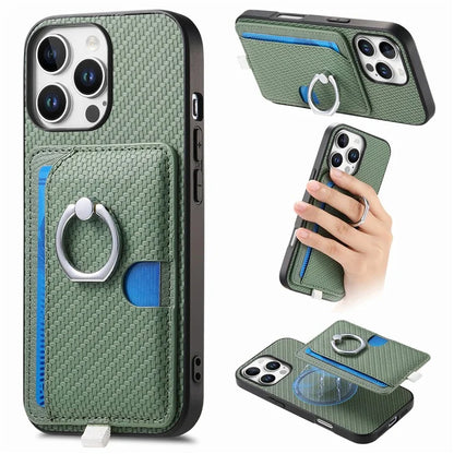 For iPhone 16 Pro Case Ring Kickstand Leather Back Cover with Magnetic Detachable Card Holder