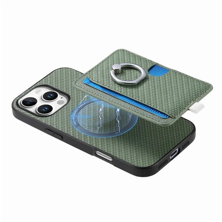 For iPhone 16 Pro Case Ring Kickstand Leather Back Cover with Magnetic Detachable Card Holder