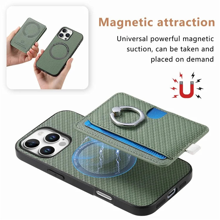 For iPhone 16 Pro Case Ring Kickstand Leather Back Cover with Magnetic Detachable Card Holder