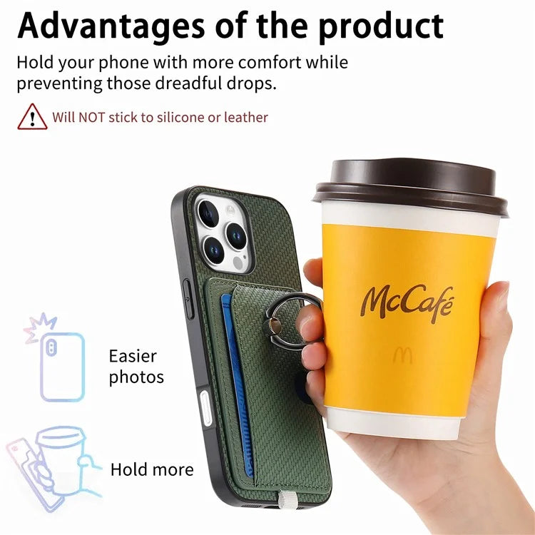 For iPhone 16 Pro Case Ring Kickstand Leather Back Cover with Magnetic Detachable Card Holder