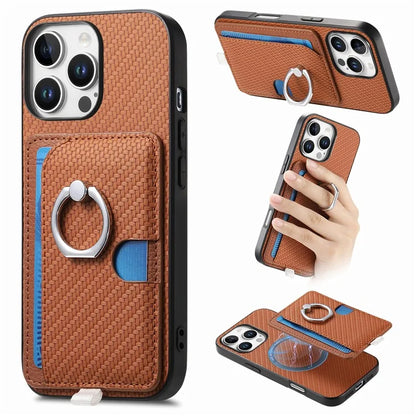 For iPhone 16 Pro Case Ring Kickstand Leather Back Cover with Magnetic Detachable Card Holder