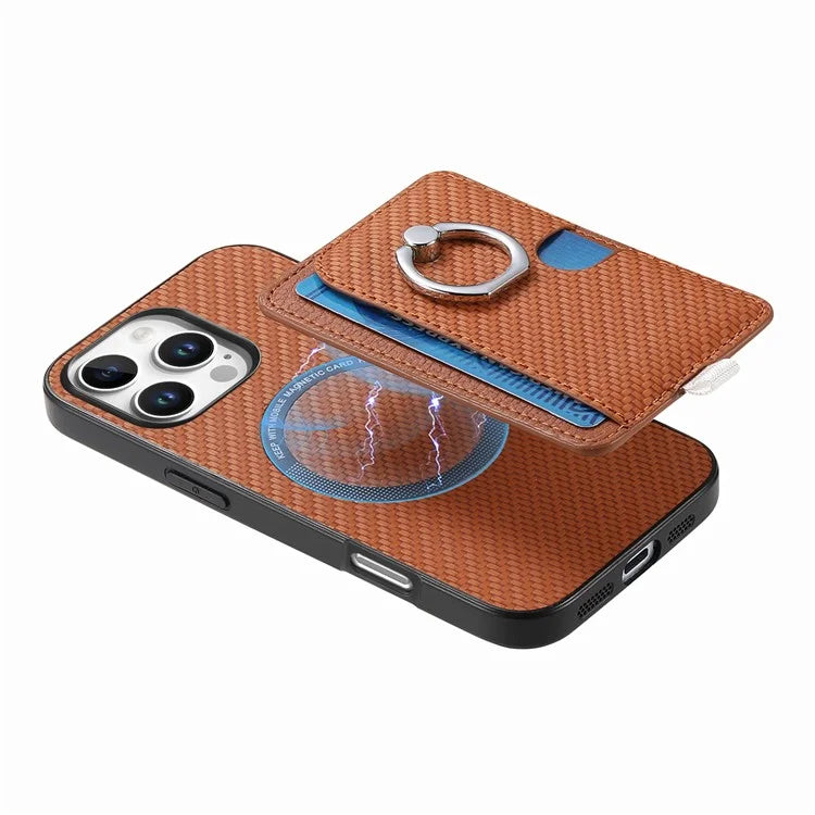 For iPhone 16 Pro Case Ring Kickstand Leather Back Cover with Magnetic Detachable Card Holder