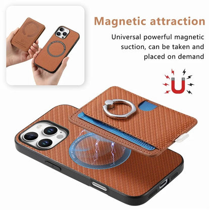 For iPhone 16 Pro Case Ring Kickstand Leather Back Cover with Magnetic Detachable Card Holder