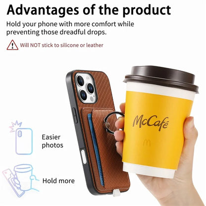 For iPhone 16 Pro Case Ring Kickstand Leather Back Cover with Magnetic Detachable Card Holder